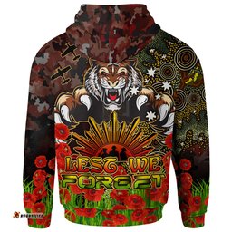 tigers rugby hoodie custom anzac tigers with remembrance poppy and indigenous patterns hoodie