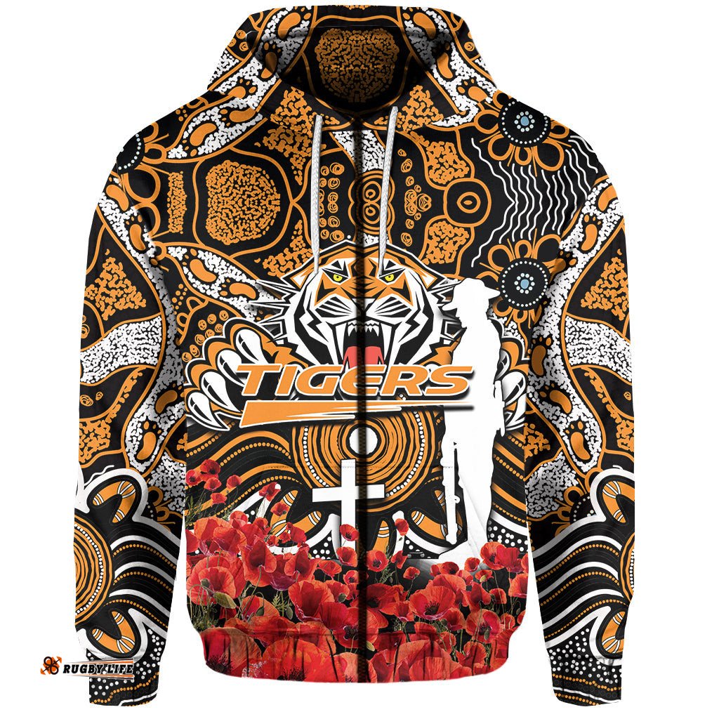 wests tigers zip hoodie anzac day poppy flowers with aboriginal