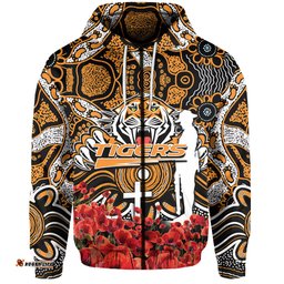 wests tigers zip hoodie anzac day poppy flowers with aboriginal