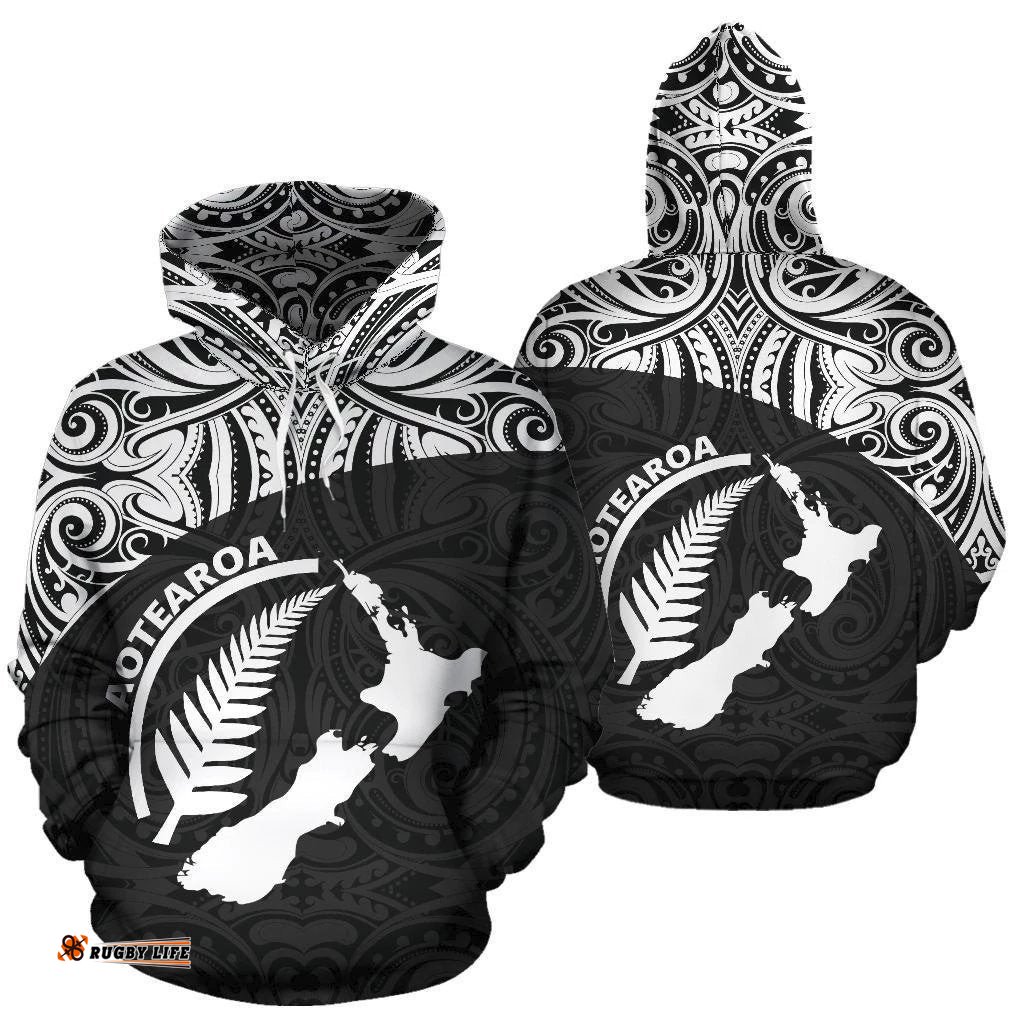 Aotearoa Rugby With Map And Silver Fern Hoodie