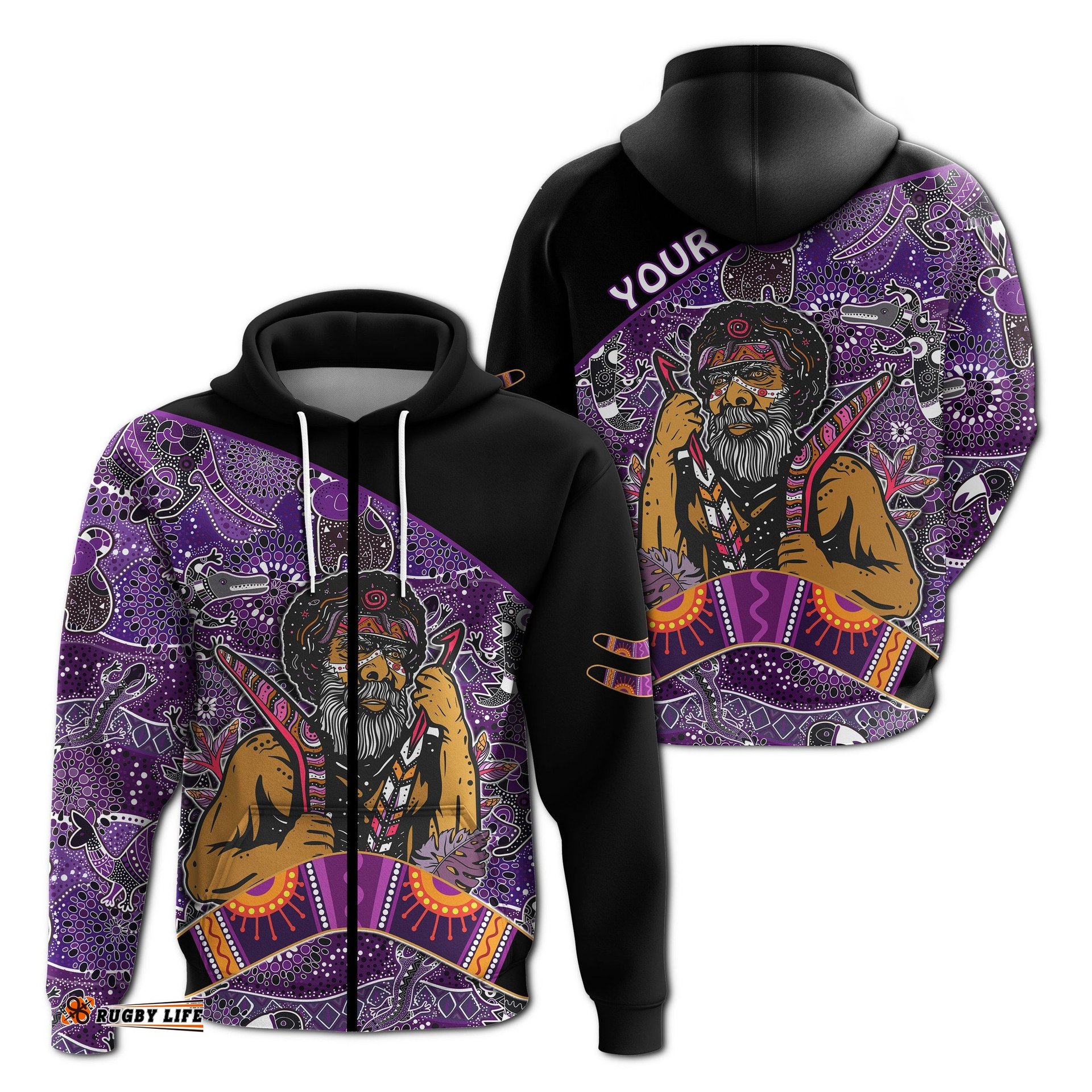 custom personalised australian boomerang zip hoodie indigenous australia purple graceful