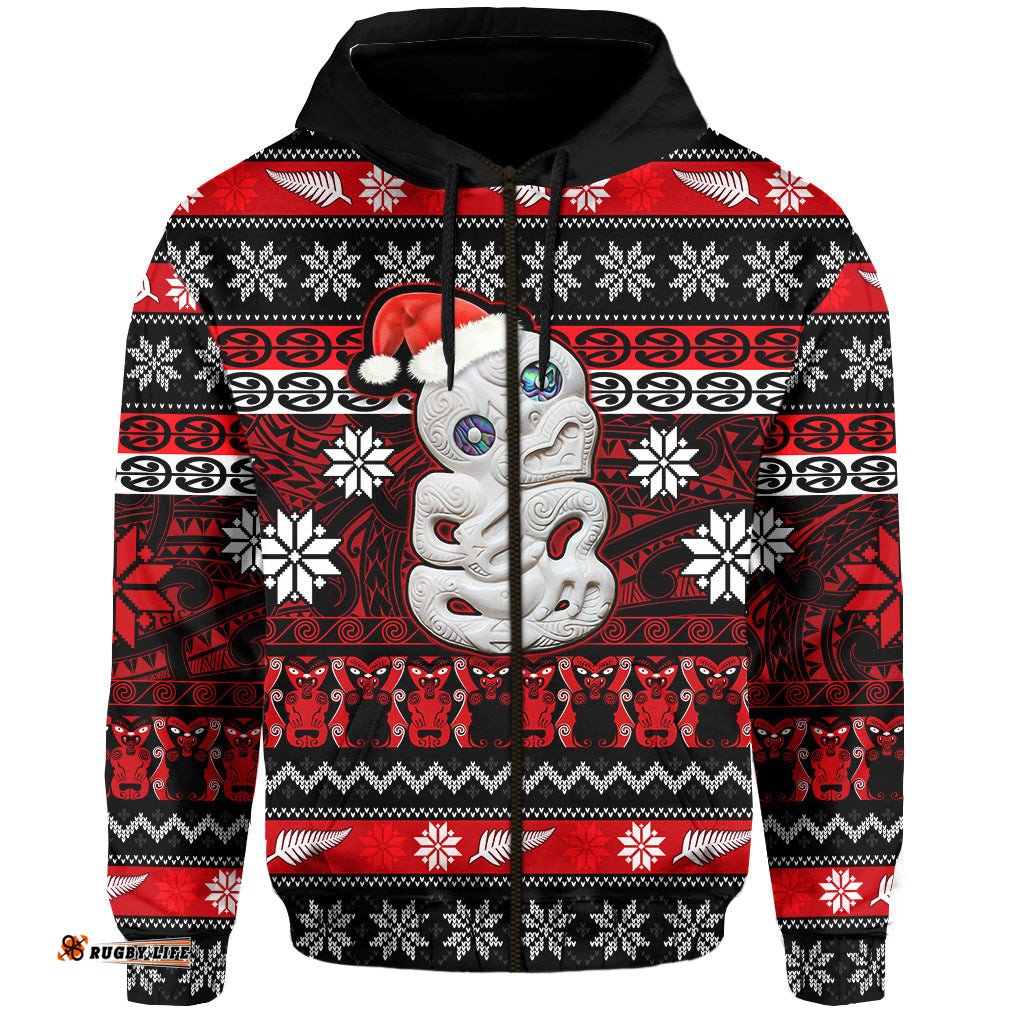 new zealand hei tiki christmas zip hoodie maori meri kirihimete