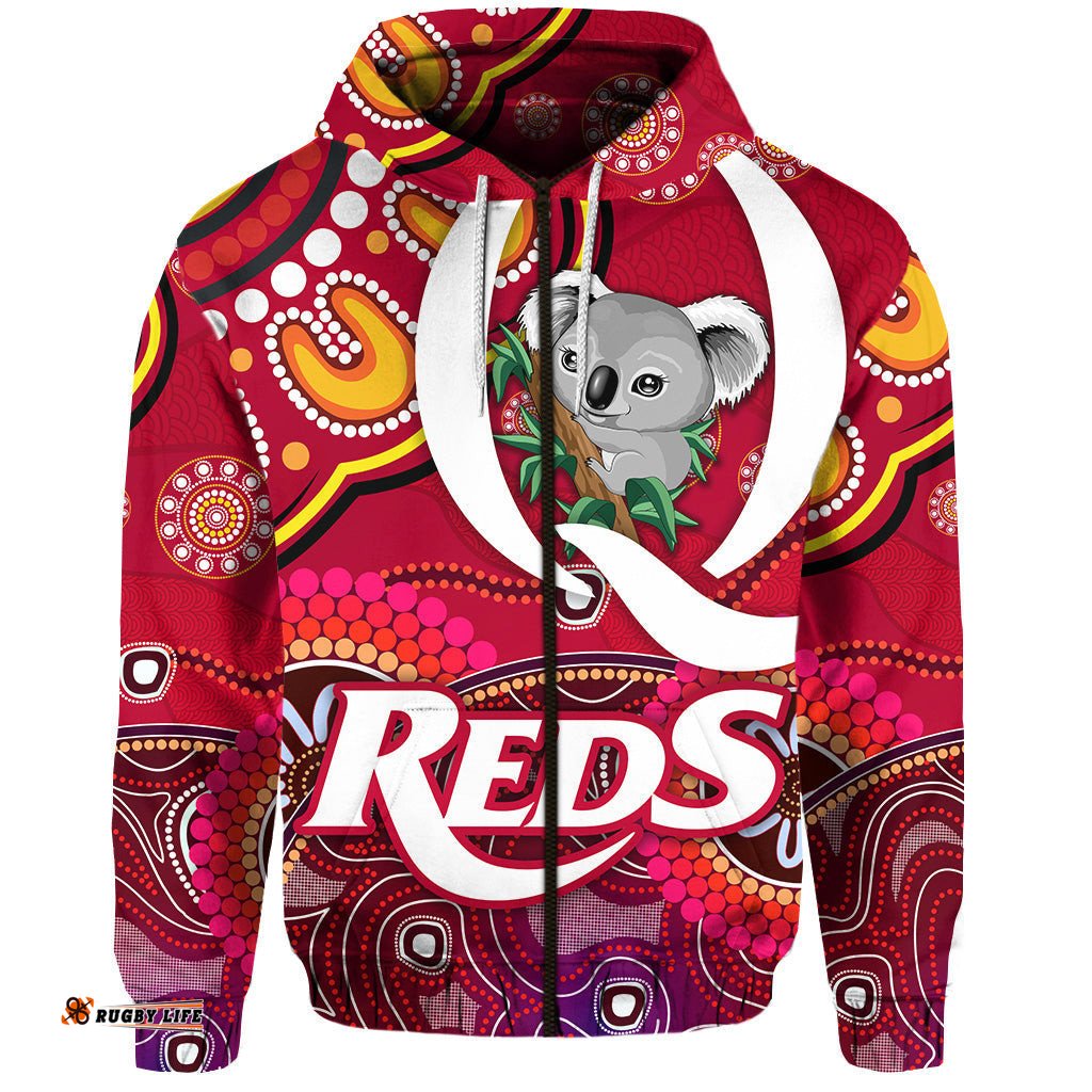 custom personalised queensland reds aboriginal zip hoodie koala indigenous vibes