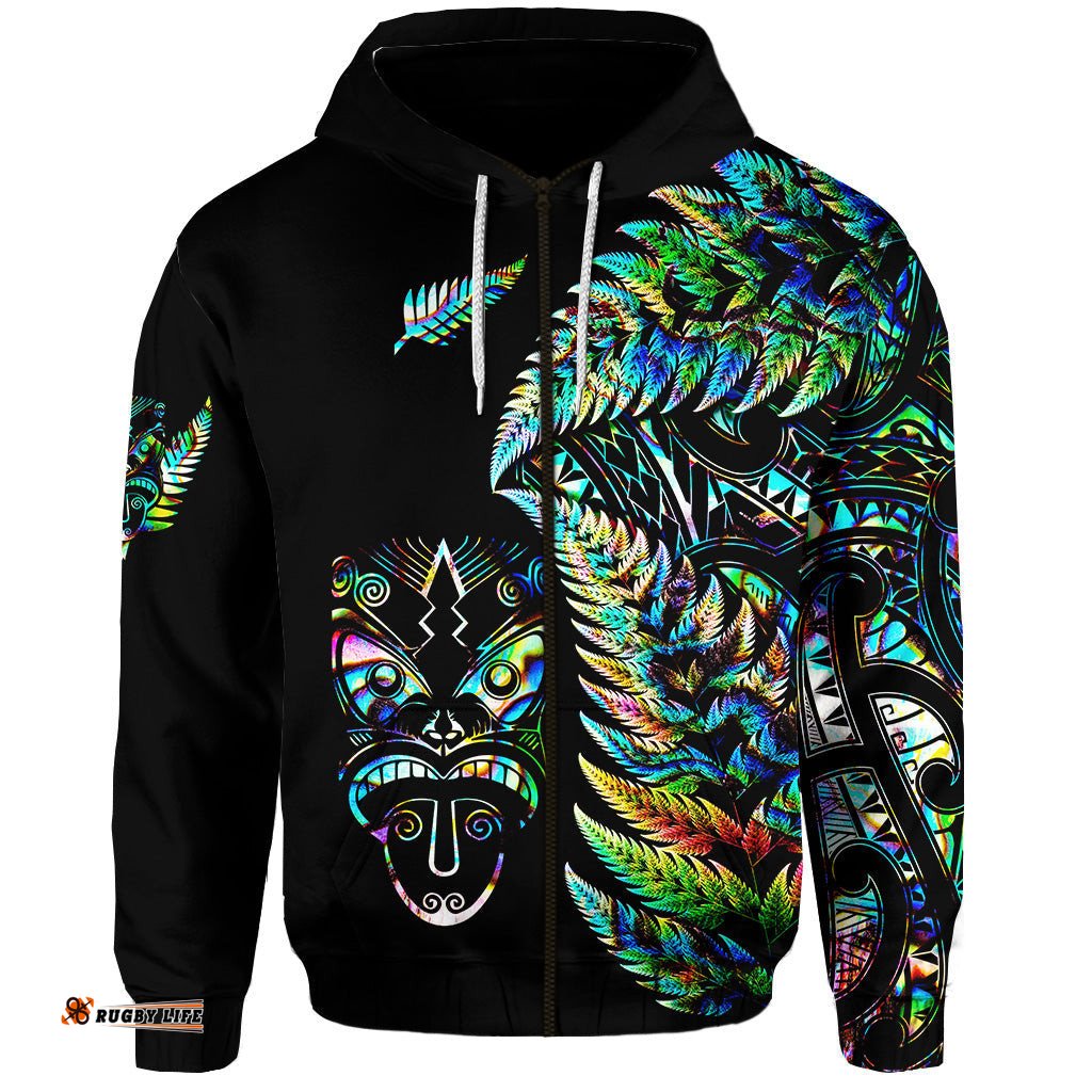 custom personalised new zealand haka rugby maori zip hoodie silver fern vibes paua shell