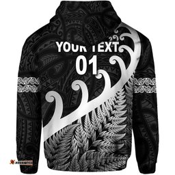custom personalised new zealand rugby maori hoodie silver fern koru vibes black