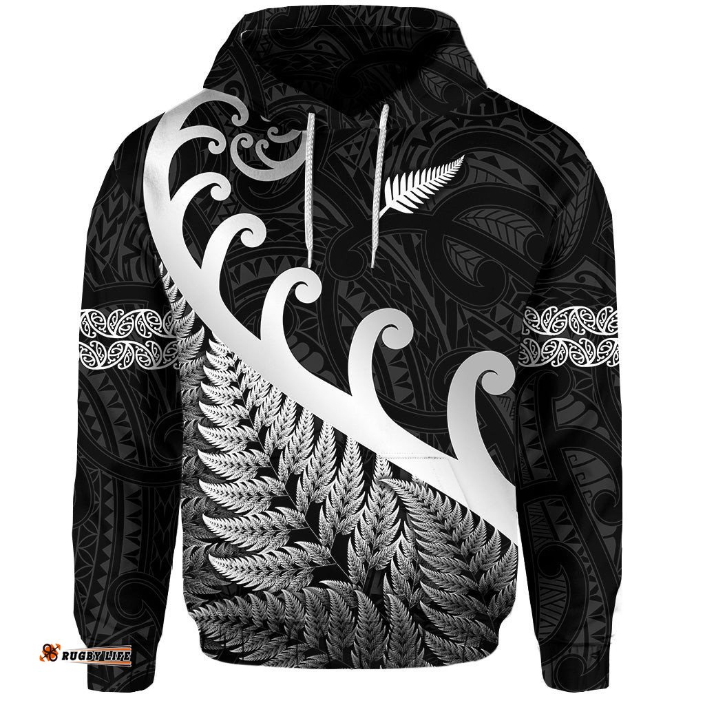 custom personalised new zealand rugby maori hoodie silver fern koru vibes black