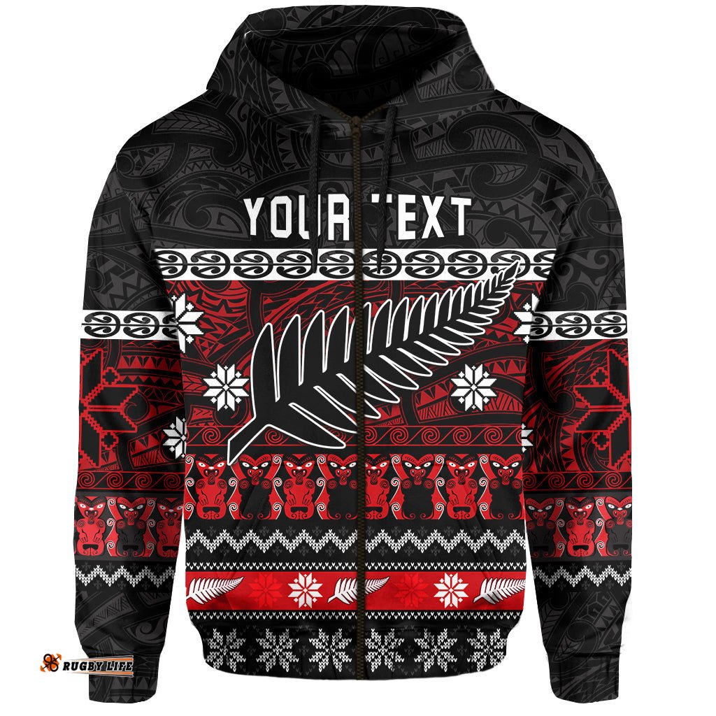 custom personalised new zealand silver fern christmas zip hoodie maori meri kirihimete