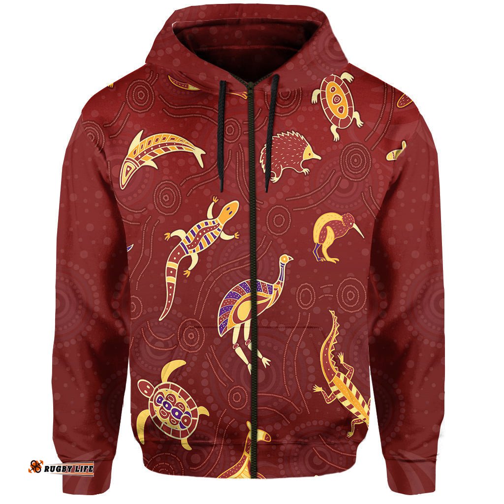 aboriginal art zip hoodie animals australia version maroon