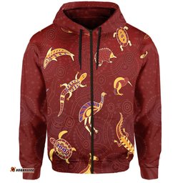 aboriginal art zip hoodie animals australia version maroon