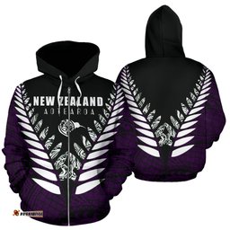 New Zealand Aotearoa Silver Fern Zip Up Hoodie Purple Vline Version
