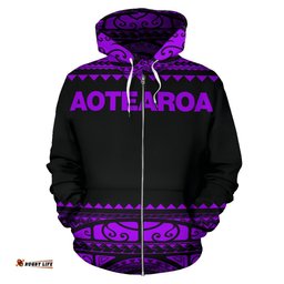 New Zealand Maori Zip Up Hoodie, Aotearoa Silver Fern Zipper Hoodie Purple