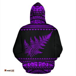 New Zealand Maori Zip Up Hoodie, Aotearoa Silver Fern Zipper Hoodie Purple