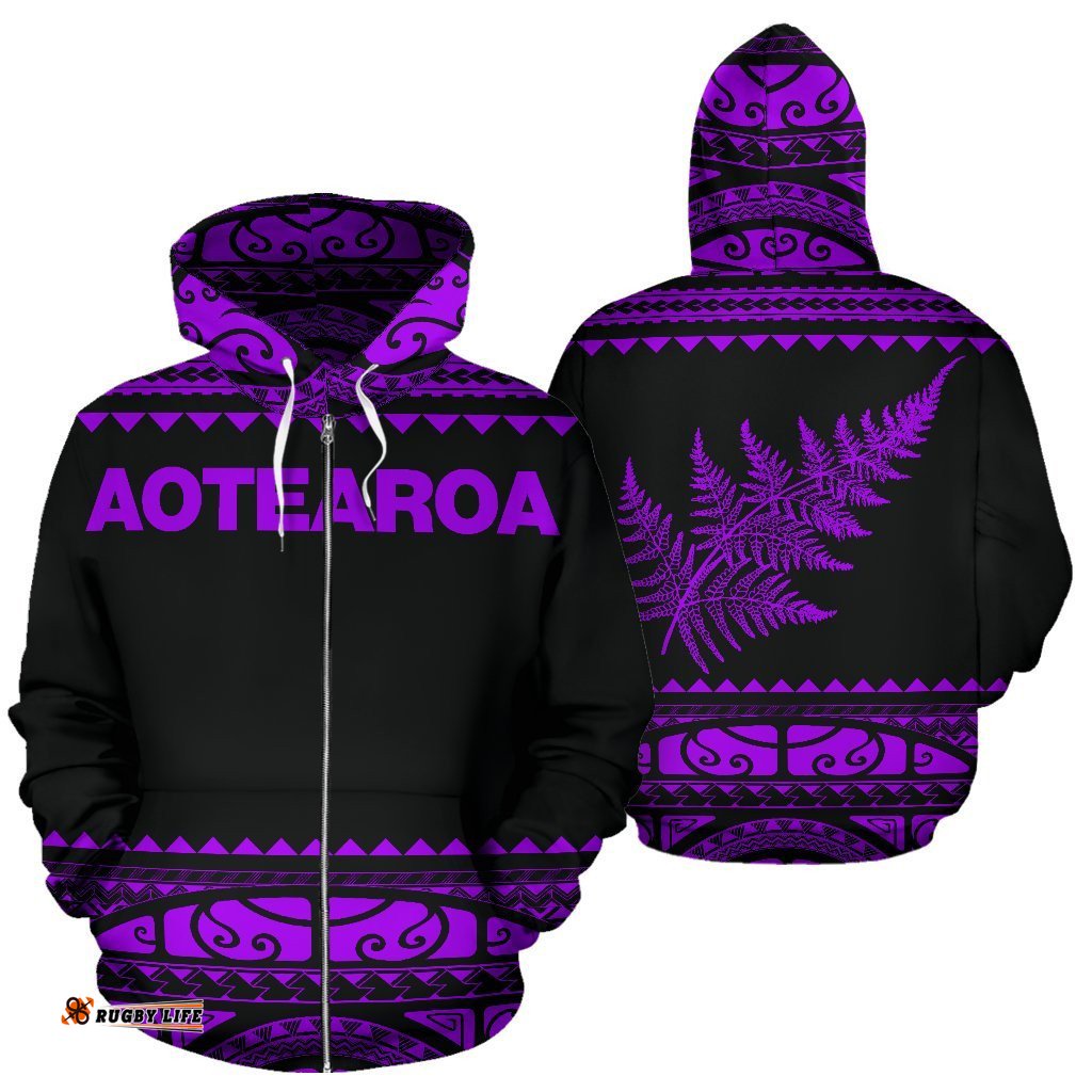 New Zealand Maori Zip Up Hoodie, Aotearoa Silver Fern Zipper Hoodie Purple