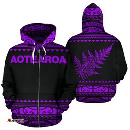 New Zealand Maori Zip Up Hoodie, Aotearoa Silver Fern Zipper Hoodie Purple