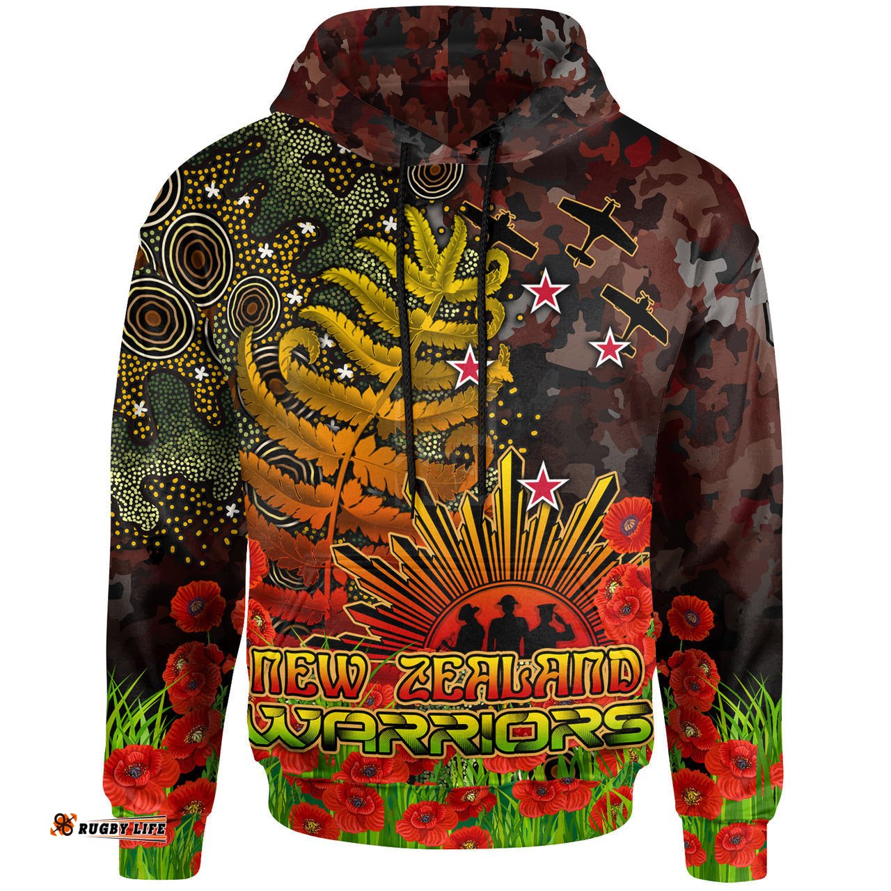 warriors rugby hoodie custom anzac warriors with remembrance poppy and indigenous patterns hoodie 03