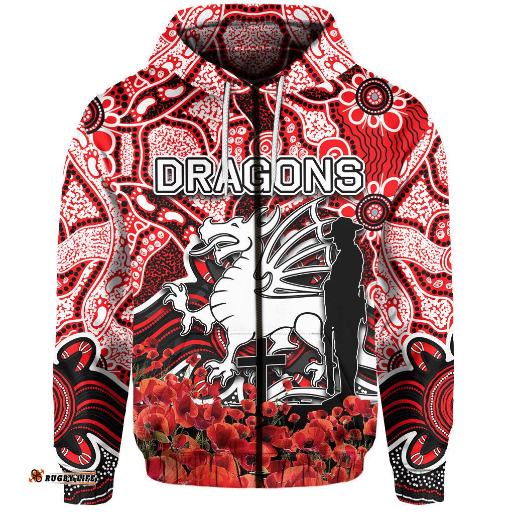 st george dragons zip hoodie anzac day poppy flowers with aboriginal