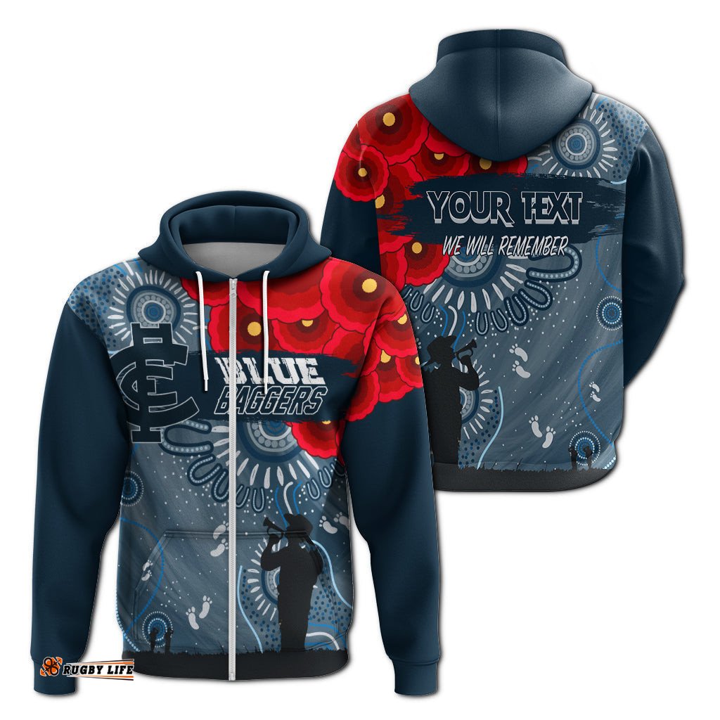 custom personalised carlton blue baggers indigenous anzac day zip hoodie we will remember