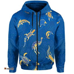 custom personalised aboriginal art zip hoodie animals australia version blue