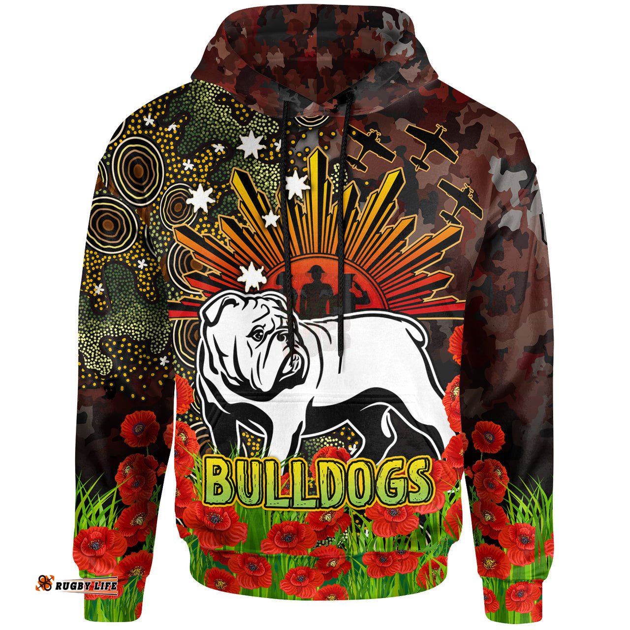 bulldogs rugby hoodie anzac bulldogs with remembrance poppy and indigenous patterns hoodie