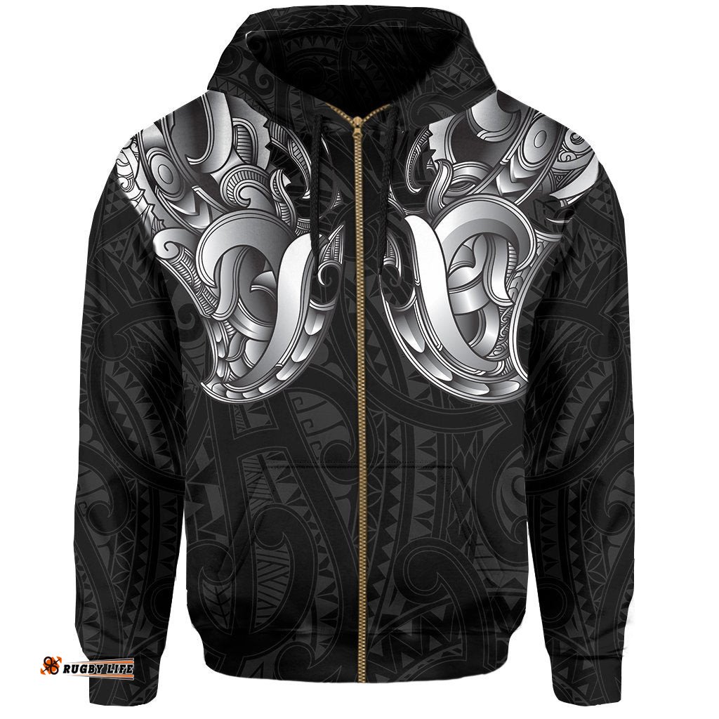 Maori Ta Moko Zip Hoodie New Zealand White
