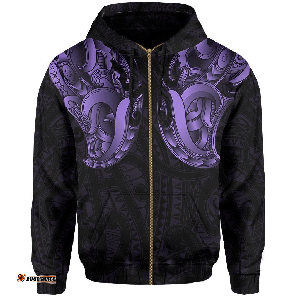 Maori Ta Moko Zip Hoodie New Zealand Pastel Purple