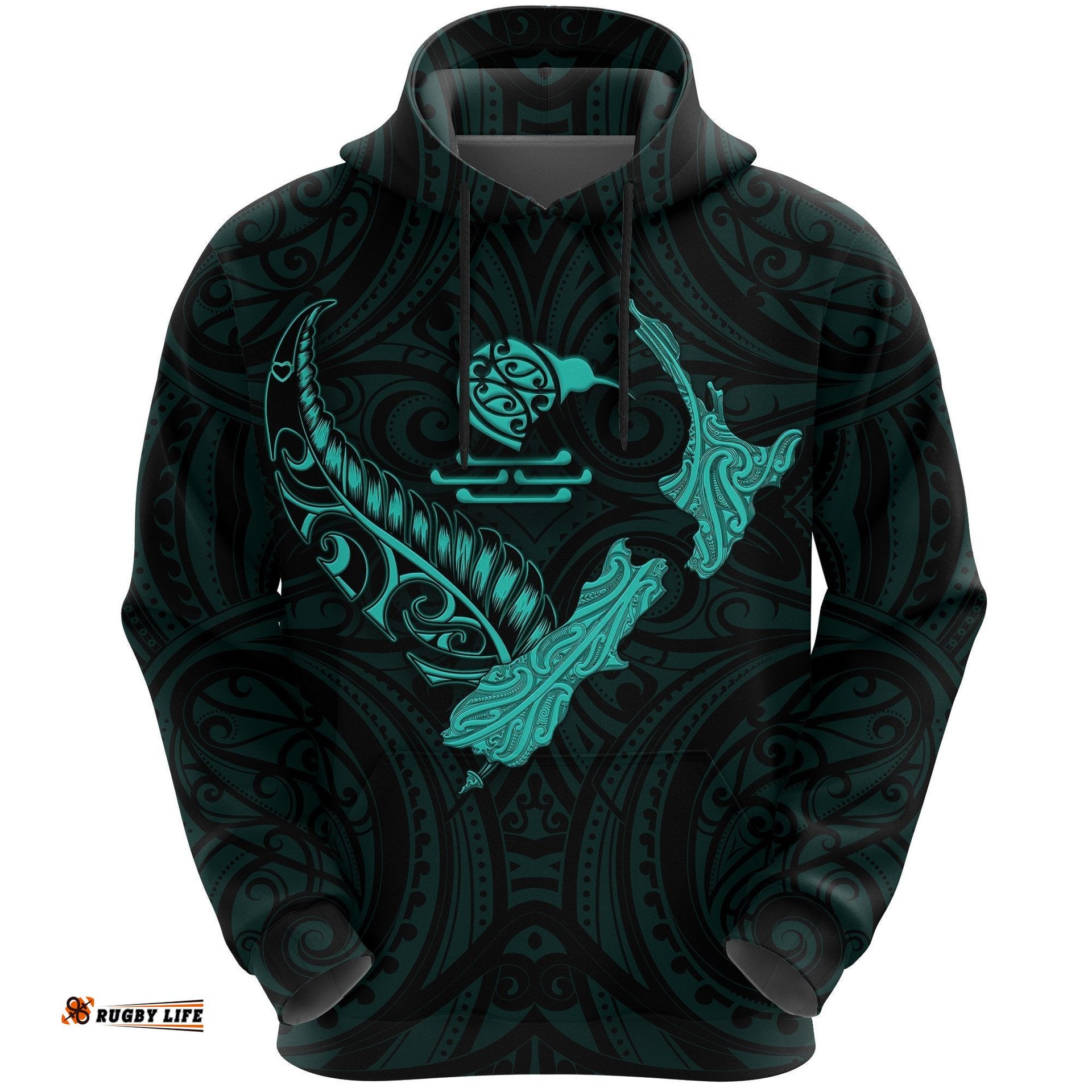 New Zealand Heart Hoodie Map Kiwi Mix Silver Fern Turquoise