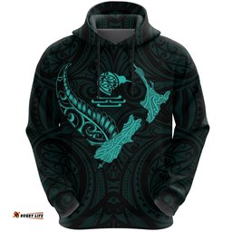 New Zealand Heart Hoodie Map Kiwi Mix Silver Fern Turquoise
