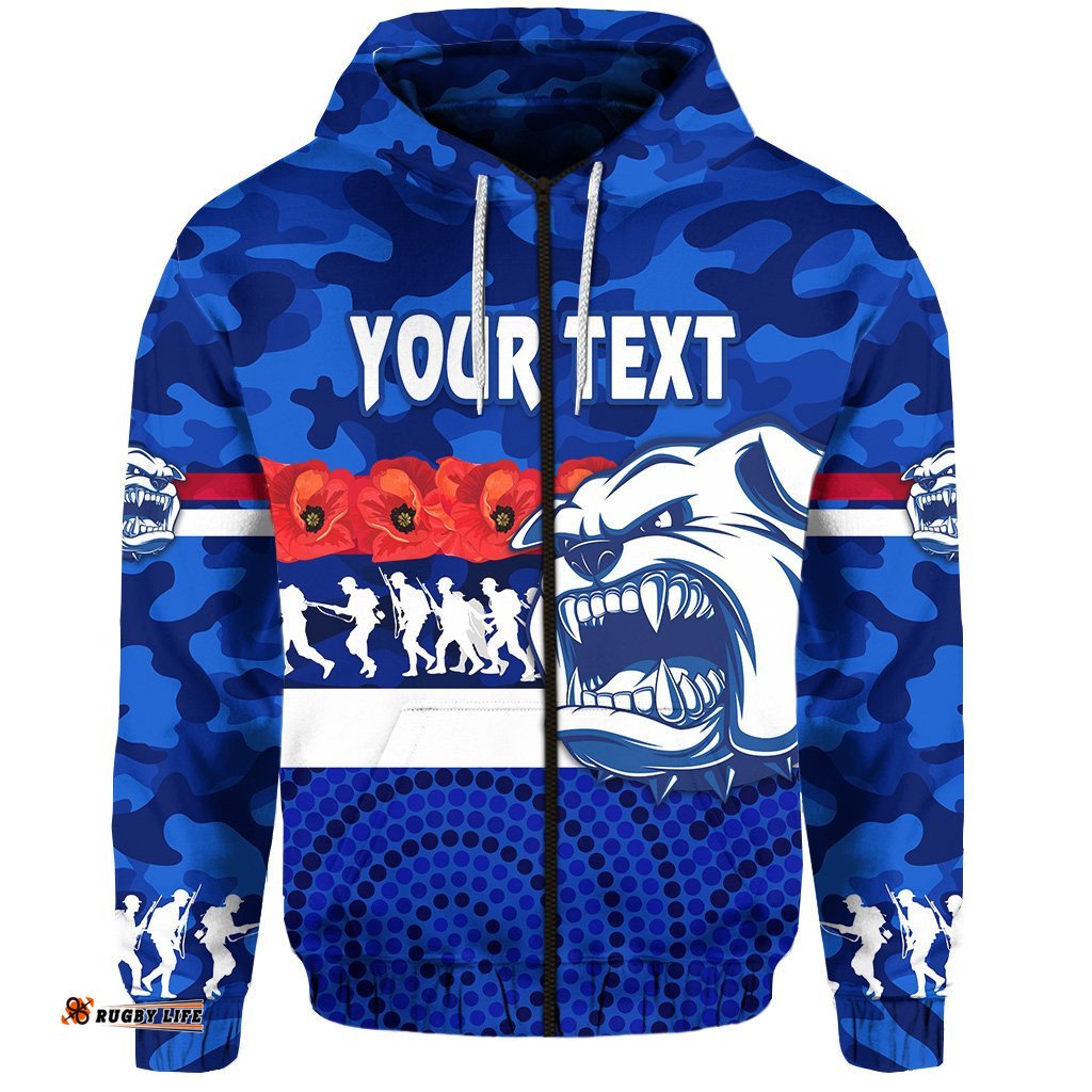 Custom Personalised Western Bulldogs Zip Hoodie ANZAC Day Poppy Flower