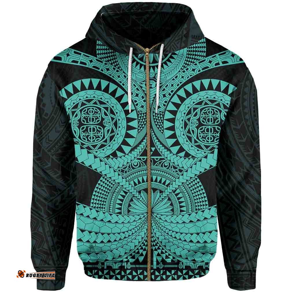 Polynesian Tattoo All Over Print Zip Hoodie Turquoise 2