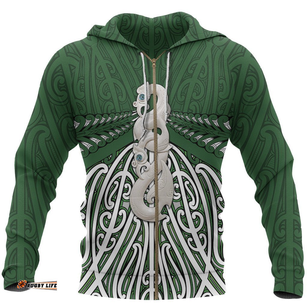Maori Moko Tattoo Zip Hoodie, Manaia Pounamu Full Zip Hoodie