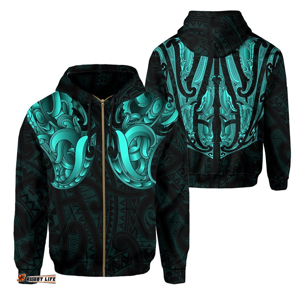 Maori Ta Moko Zip Hoodie New Zealand Turquoise