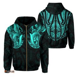 Maori Ta Moko Zip Hoodie New Zealand Turquoise