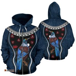 New Zealand Tui Bird Zip Hoodie, Pohutukawa Zipper Hoodie Navy