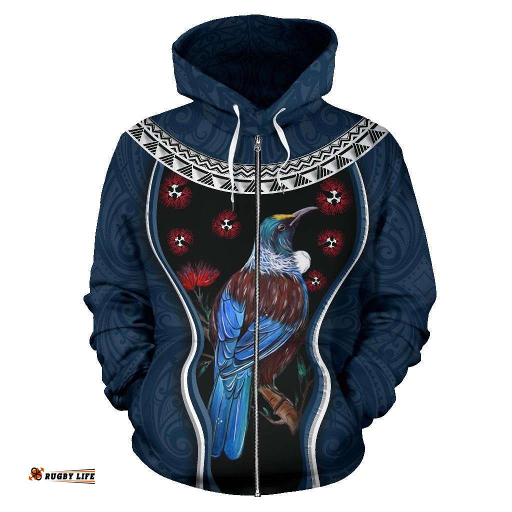 New Zealand Tui Bird Zip Hoodie, Pohutukawa Zipper Hoodie Navy