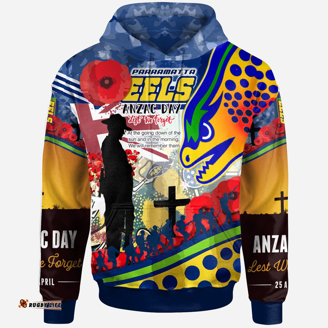 eels rugby australia anzac day lest we forget custom hoodie remembrance eels with anzac poppy watercolour style