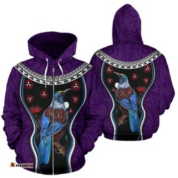 New Zealand Tui Bird Zip Hoodie, Pohutukawa Zipper Hoodie Purple