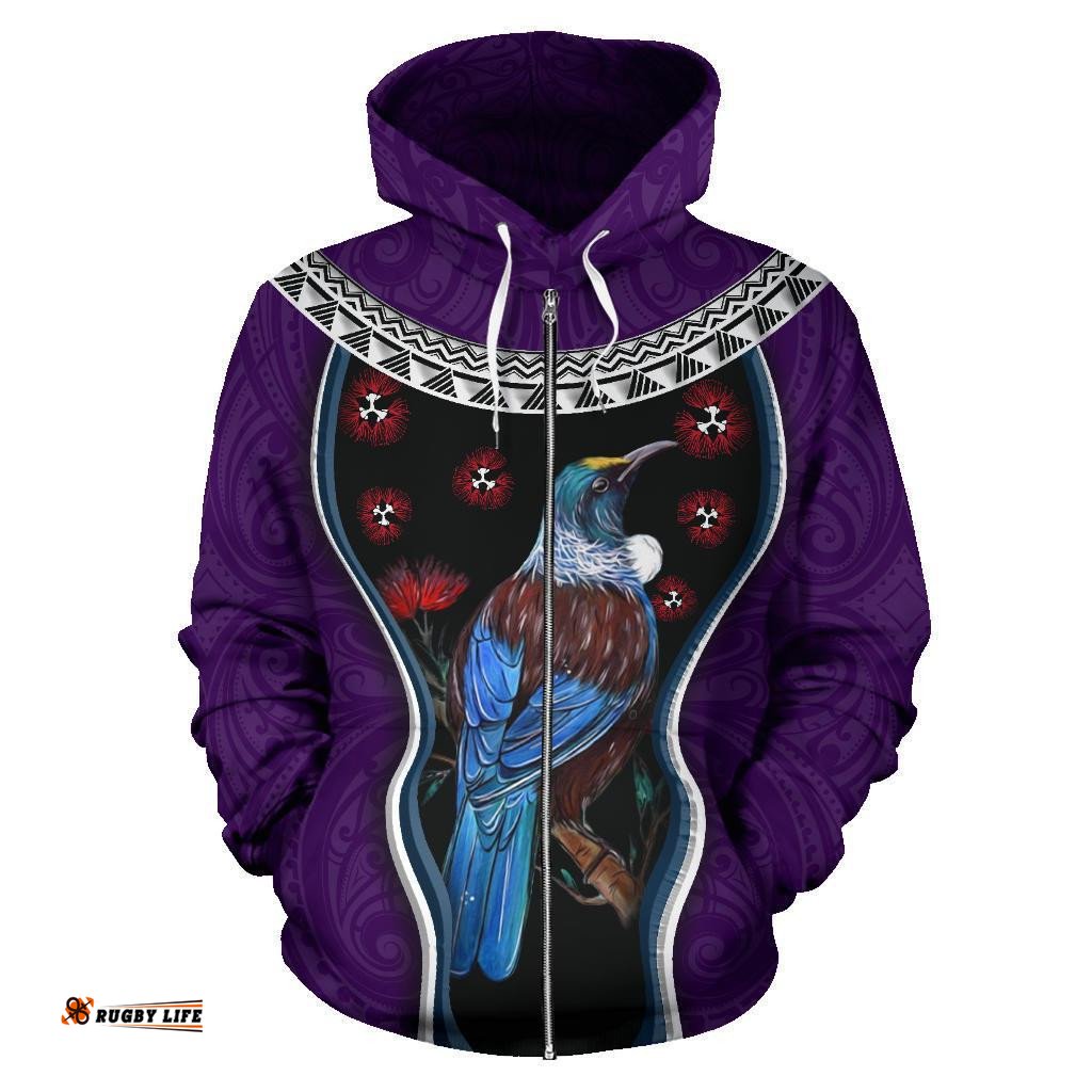 New Zealand Tui Bird Zip Hoodie, Pohutukawa Zipper Hoodie Purple