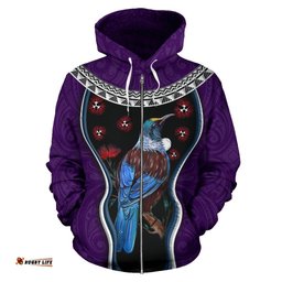 New Zealand Tui Bird Zip Hoodie, Pohutukawa Zipper Hoodie Purple