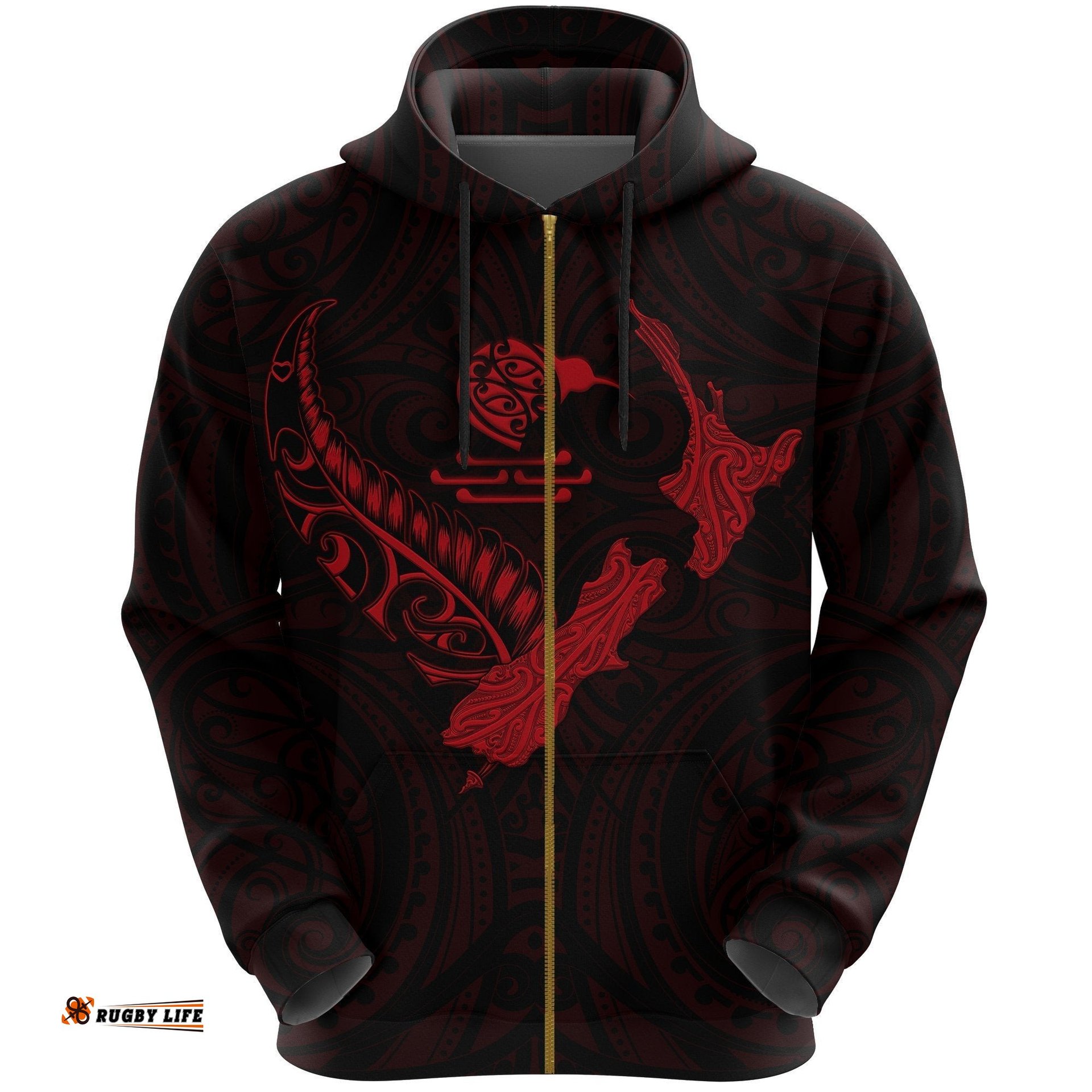 New Zealand Heart Zip Hoodie Map Kiwi Mix Silver Fern Red