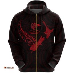 New Zealand Heart Zip Hoodie Map Kiwi Mix Silver Fern Red