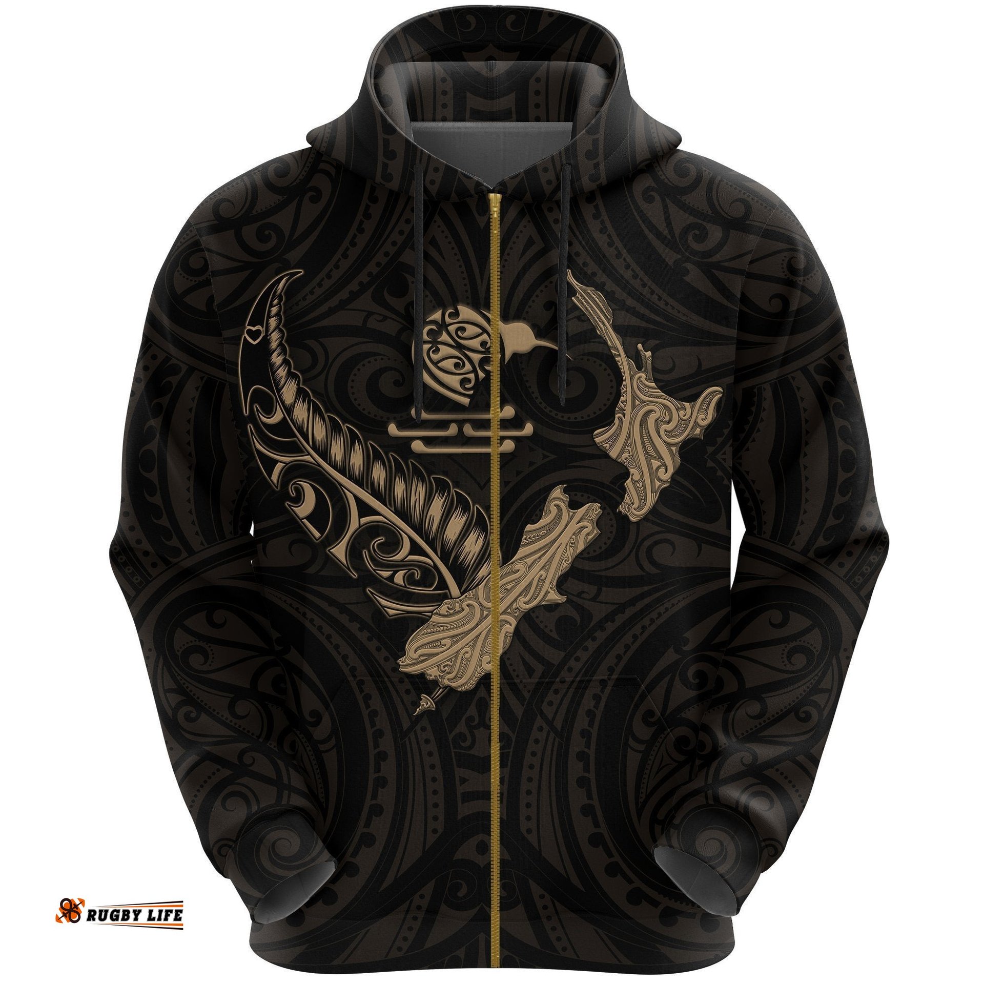 New Zealand Heart Zip Hoodie Map Kiwi Mix Silver Fern Gold