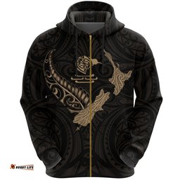 New Zealand Heart Zip Hoodie Map Kiwi Mix Silver Fern Gold