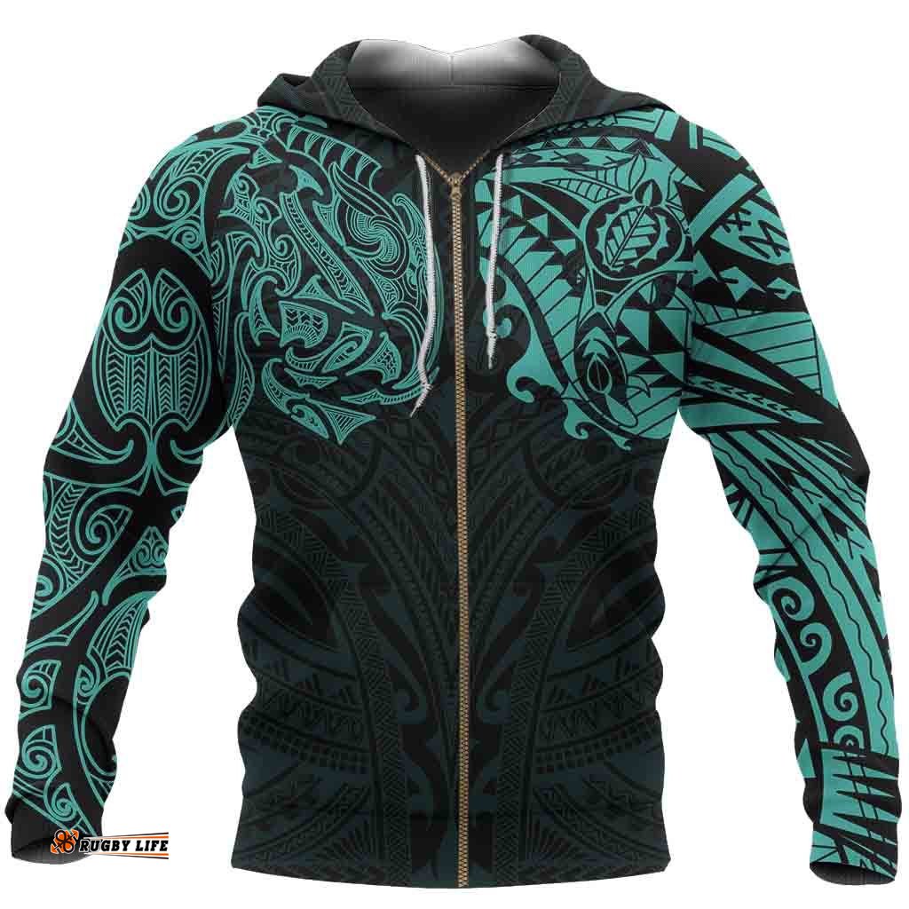 New Zealand Zip Hoodie, Maori Polynesian Tattoo Turquoise