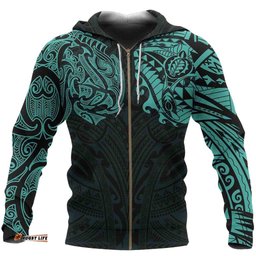 New Zealand Zip Hoodie, Maori Polynesian Tattoo Turquoise