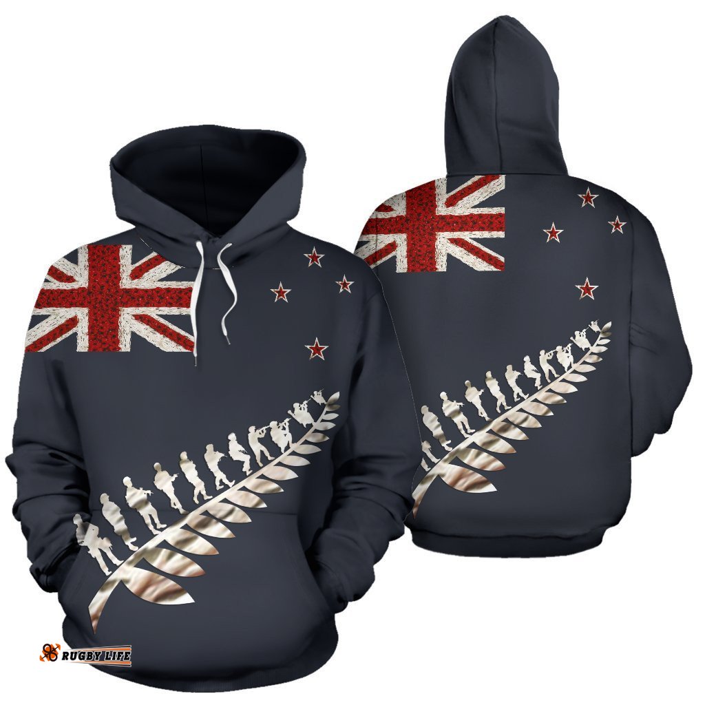 New Zealand Poppies Flag Hoodie, ANZAC Silver Fern Pullover Hoodie