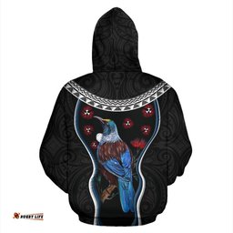 New Zealand Tui Bird Zip Hoodie, Pohutukawa Zipper Hoodie Black