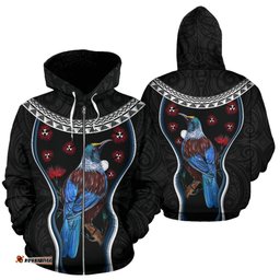 New Zealand Tui Bird Zip Hoodie, Pohutukawa Zipper Hoodie Black