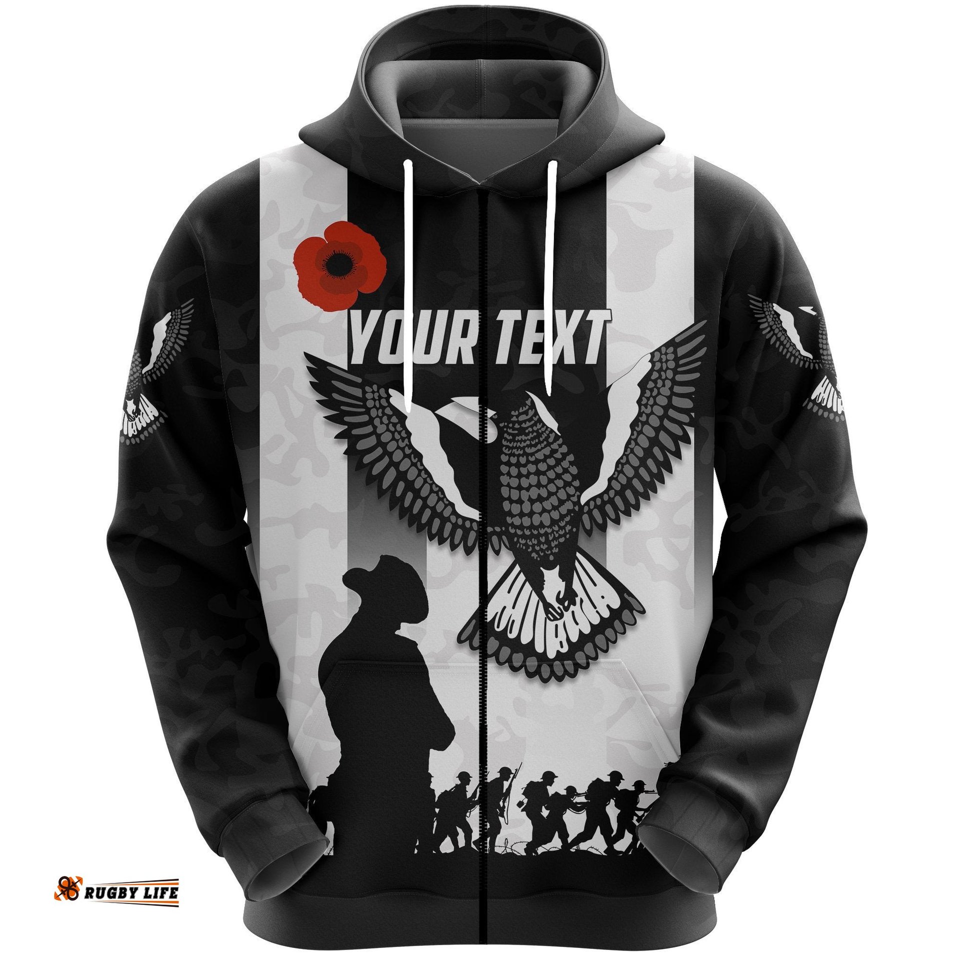 Custom Personalised Magpies ANZAC Day Zip Hoodie