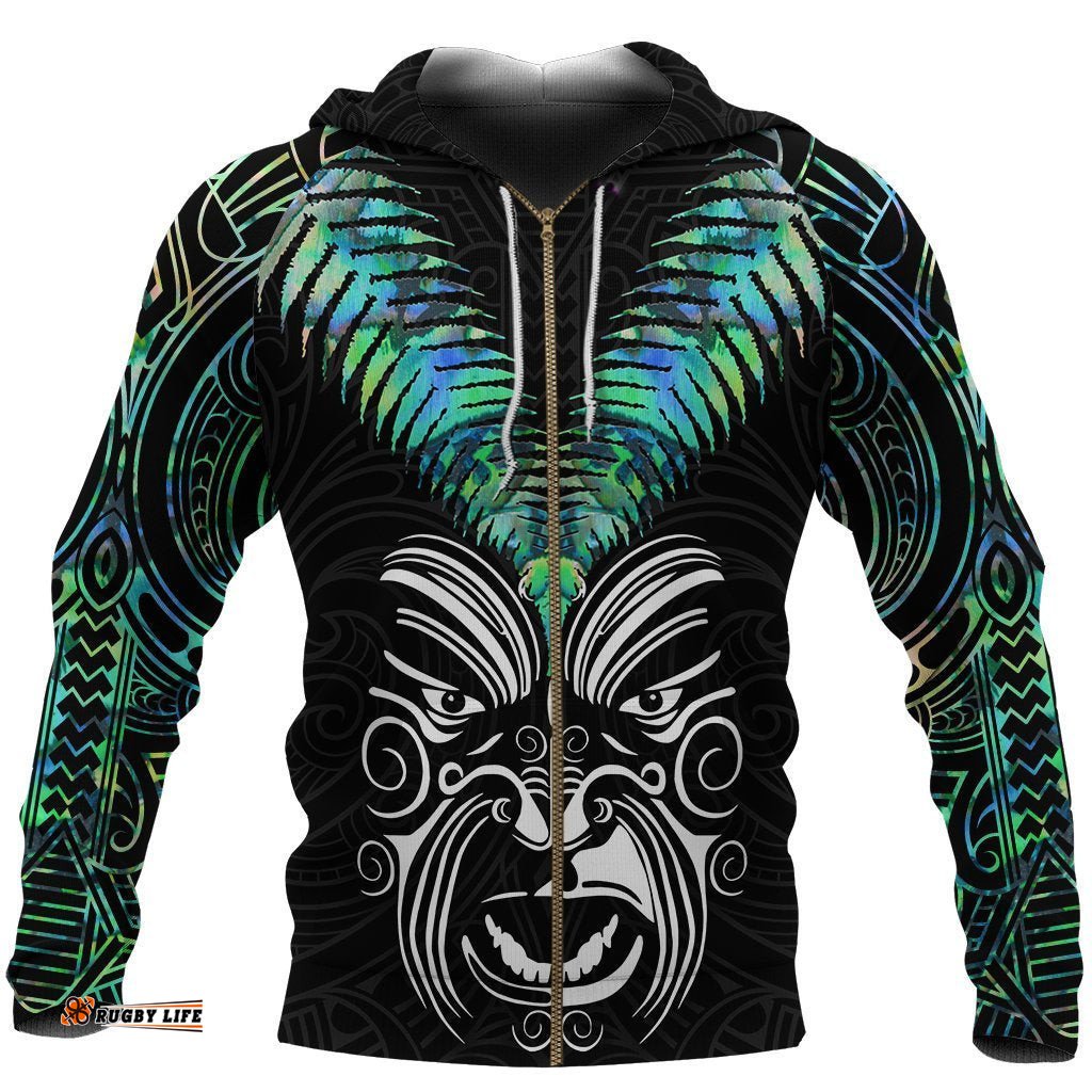 New Zealand Maori Moko Zip Hoodie Paua Shell