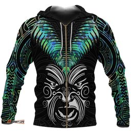 New Zealand Maori Moko Zip Hoodie Paua Shell
